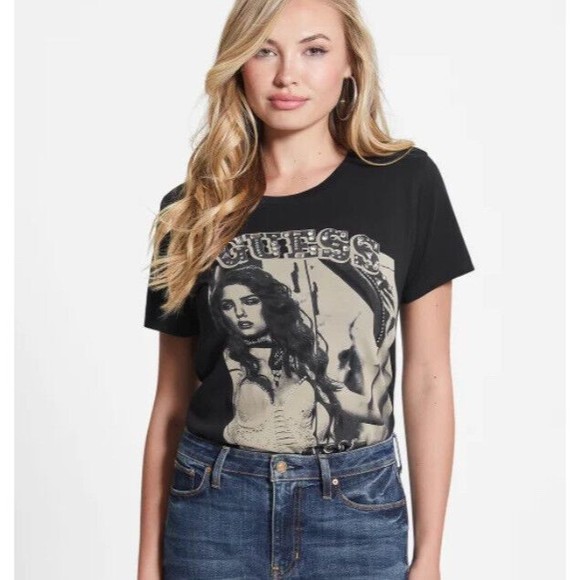 Guess Women's Short Sleeve Eco 1981 Western Girl Tee Rhinestone Black Small NWT - Picture 1 of 12